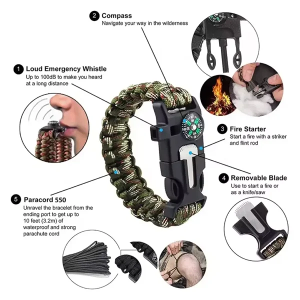 Army green woven paracord survival bracelet with flint, compass and emergency whistle
