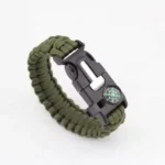 Army green woven paracord survival bracelet with flint, compass and emergency whistle