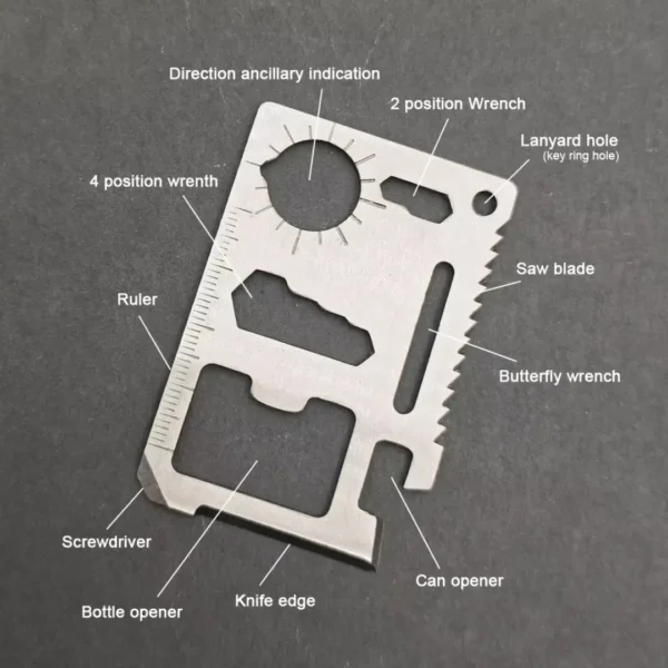 11-in-1 stainless steel pocket multi-tool card with multifunction tool openings